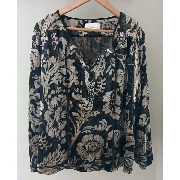 Anthropologie Faustine Velvet Floral Peasant Blouse Size Large Brown Boho Work - Picture 1 of 10